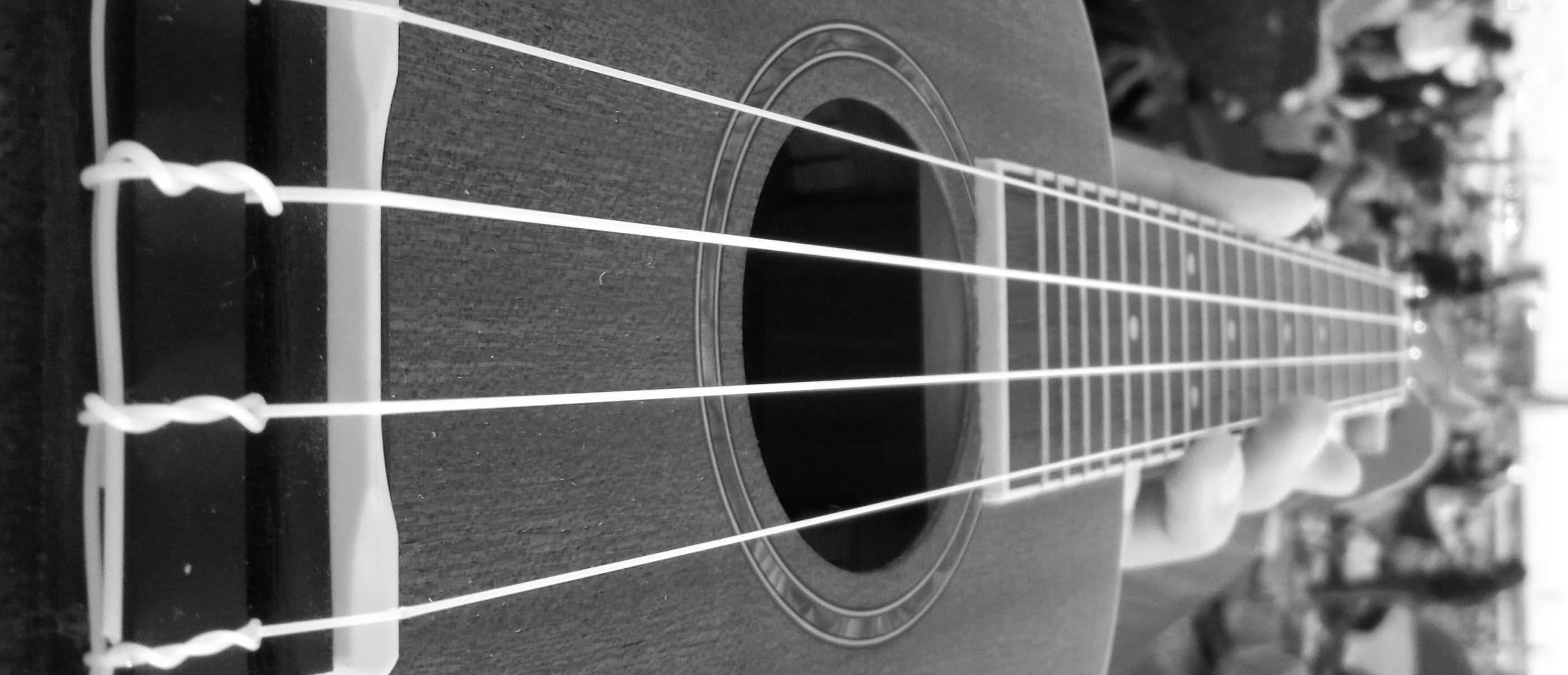 A ukulele with a bunch of people sat on the grass in the background.